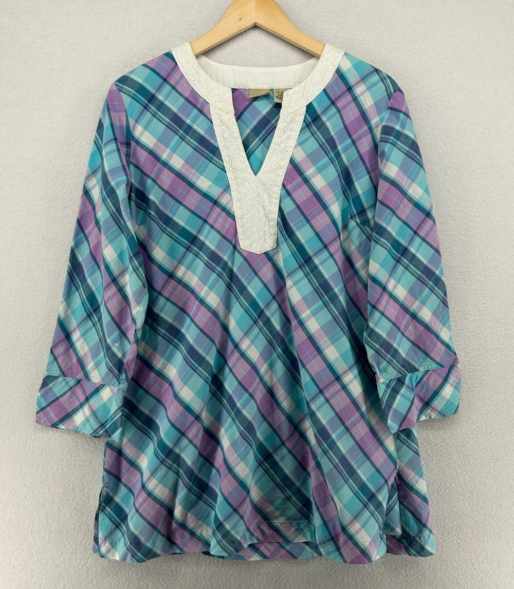LL BEAN Top Womens L Plaid Tunic Blouse Eyelet Split Neck 3/4 Sleeve Cotton Blue